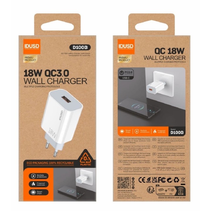 Cargador 18W QC3.0 IDUSD D100B - Carga Rápida y Sustentable